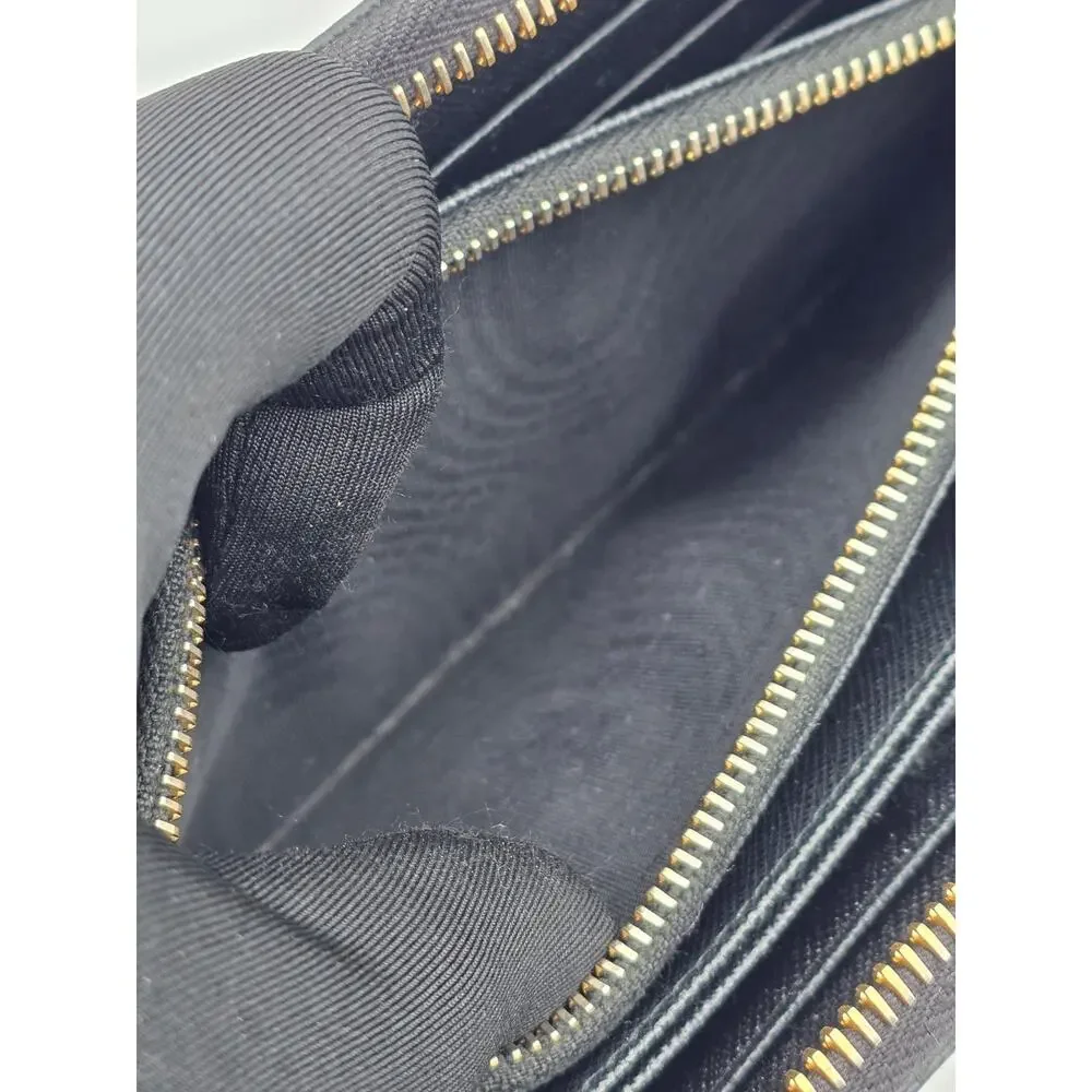 Prada Saffiano Fiocco Bow Zip Around Wallet Black Leather Gold Logo Italy